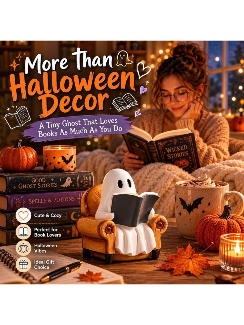 Halloween Ghost Reading Book Statue For Book Lovers Gifts And Indoor Decorations - Picture 4 of 6